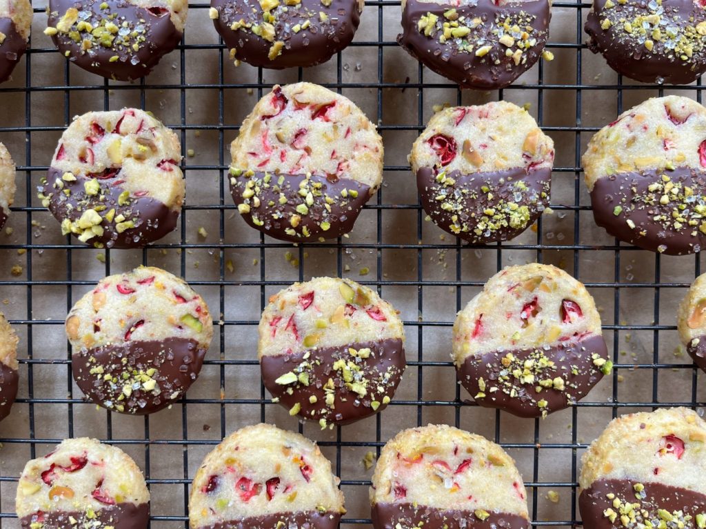 Holiday Cookies: Chocolate Dipped Cranberry Pistachio Shortbread