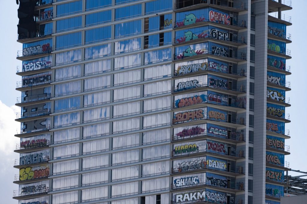 Taggers decorate unfinished high-rise building in LA