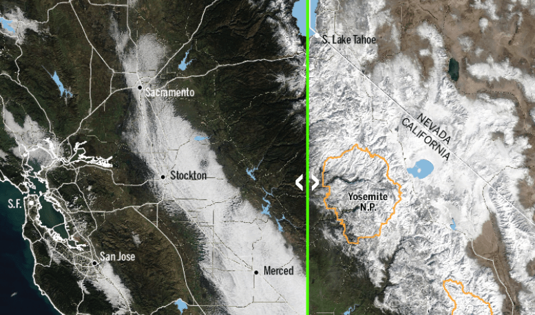 Before and after: Sierra Nevada snowpack expands steadily over past month