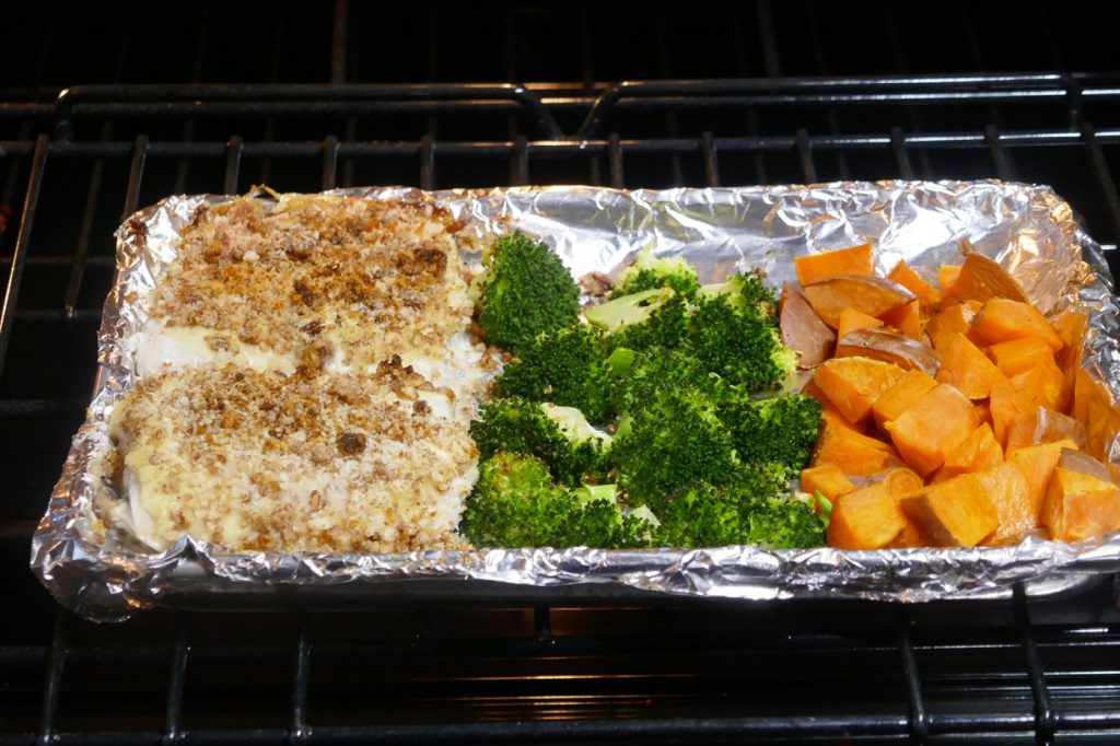 Quick Fix: Baked Pecan Crusted Halibut with Broccoli and Sweet Potatoes