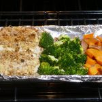 Quick Fix: Baked Pecan Crusted Halibut with Broccoli and Sweet Potatoes