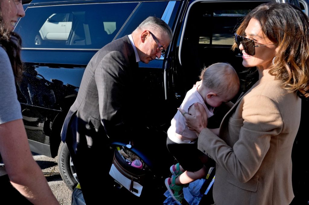 Alec and Hilaria Baldwin arrive at court with baby before jury selection begins in trial