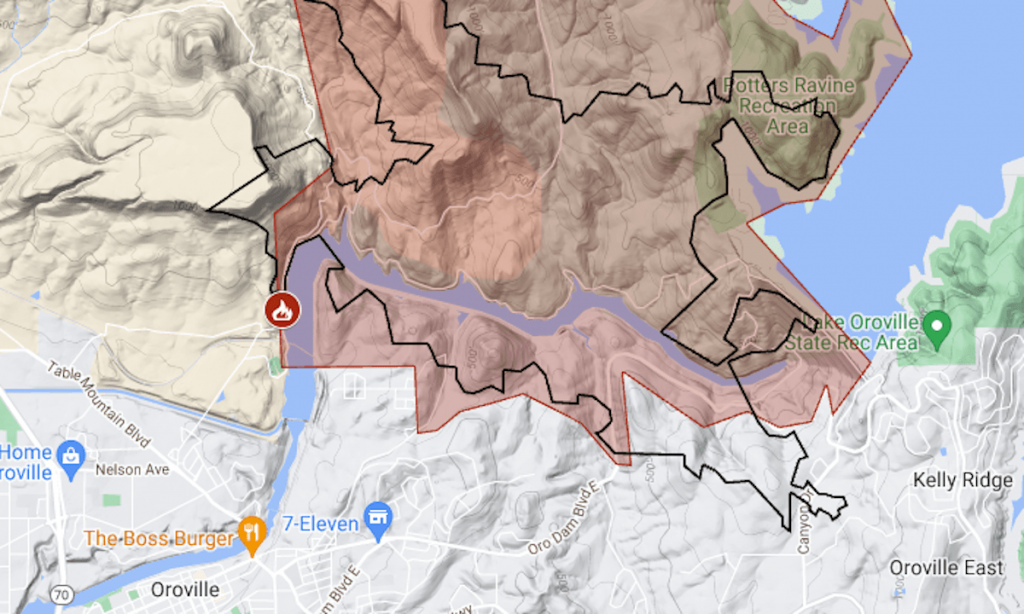 Map: Thompson Fire perimeter and evacuation zone near Lake Oroville