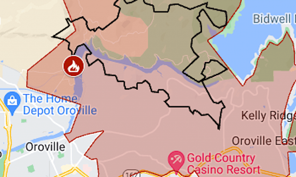 Map: Thompson Fire and evacuation zones at Lake Oroville