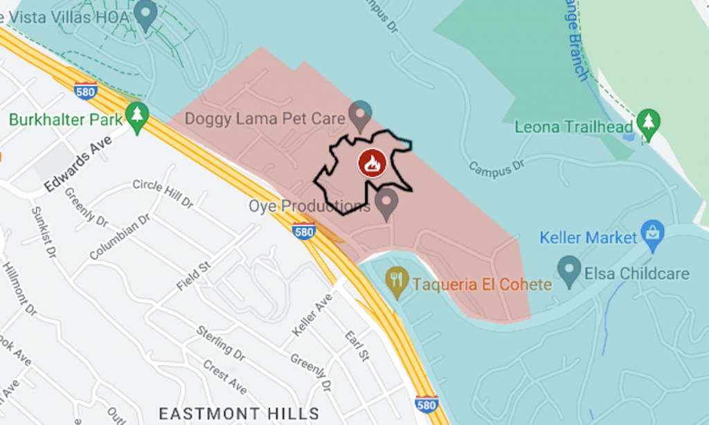 Map: Keller Fire in Oakland hills